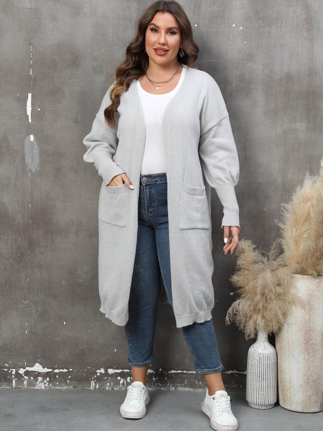 Plus Size Long Sleeve Pocketed Cardigan - Hovatok