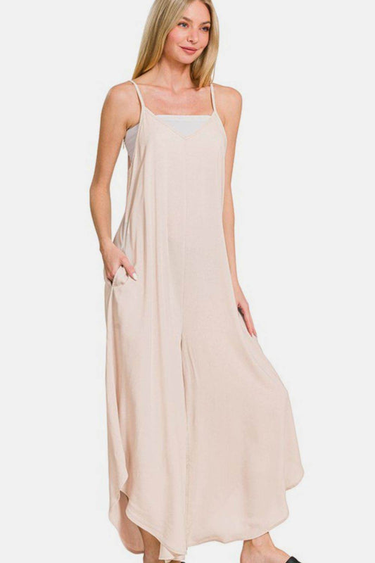 Zenana Spaghetti Strap Wide Leg Overalls with Pockets - Hovatok