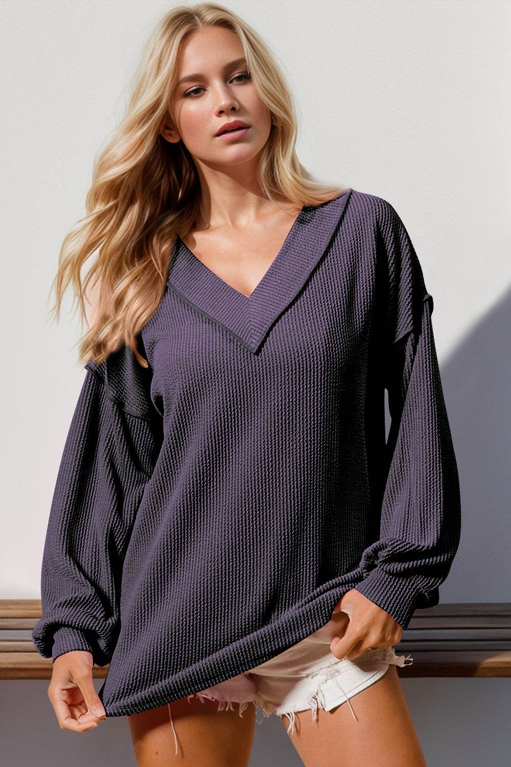 Double Take Exposed Seam Ribbed Textured V-Neck Long Sleeve T-Shirt - Hovatok