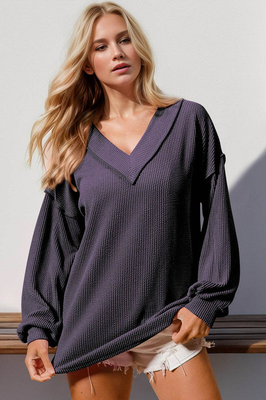 Double Take Exposed Seam Ribbed Textured V-Neck Long Sleeve T-Shirt - Hovatok