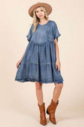 Mittoshop Washed Chambray Denim Oversized Tier Mini Dress - Hovatok