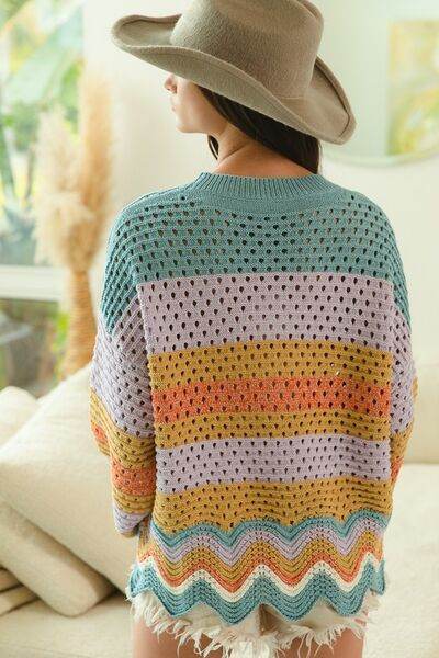 BiBi Wavy Hem Openwork Contrast Round Neck Sweater - Hovatok