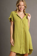 Umgee Full Size Raw Hem Button Down Short Sleeve Gauze Shirt Dress Plus Size - Hovatok