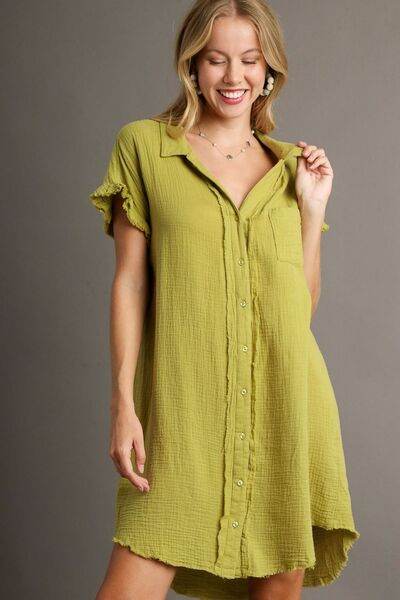Umgee Full Size Raw Hem Button Down Short Sleeve Gauze Shirt Dress Plus Size - Hovatok