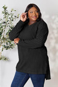 Basic Bae Full Size Ribbed Round Neck Long Sleeve Slit Top - Hovatok