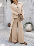 Devine Button Down Long Sleeve Top and Wide Leg Pants Set - Hovatok