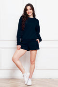 Round Neck Long Sleeve Sweatshirt and Drawstring Shorts Set - Hovatok