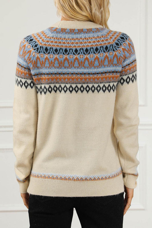 Geometric Round Neck Long Sleeve Sweater - Hovatok
