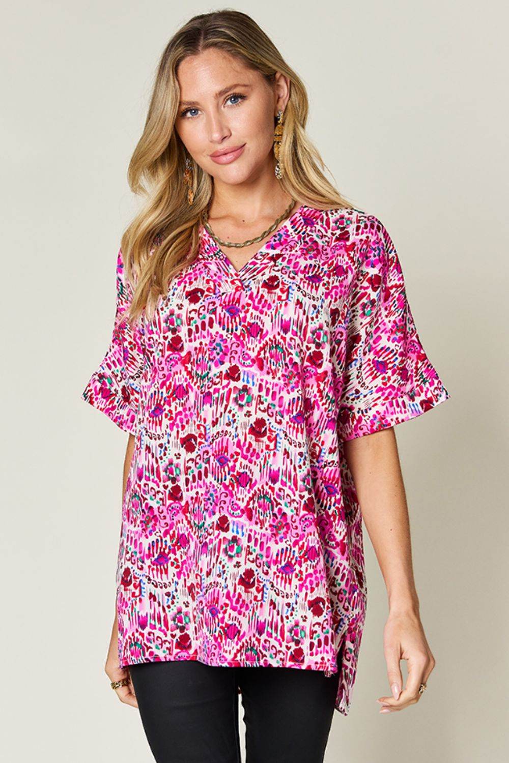 Double Take Full Size Printed V-Neck Short Sleeve Blouse - Hovatok