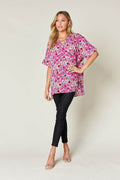 Double Take Full Size Printed V-Neck Short Sleeve Blouse - Hovatok