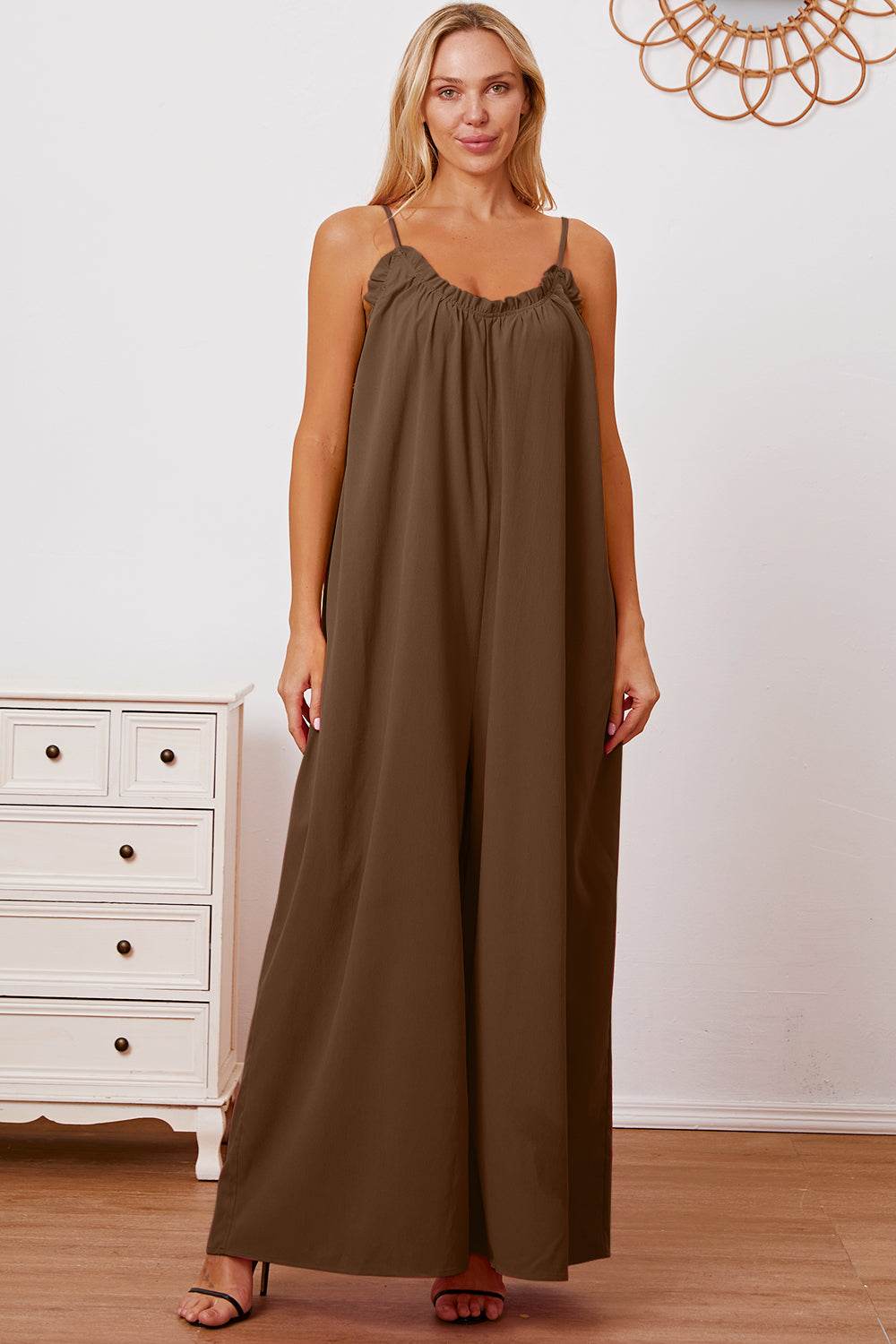 Double Take Full Size Ruffle Trim Tie Back Cami Jumpsuit with Pockets - Hovatok