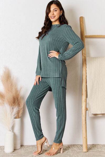 Basic Bae Full Size Ribbed Round Neck High-Low Slit Top and Pants Set - Hovatok