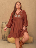 Plus Size Embroidered Tie Neck Balloon Sleeve Mini Dress - Hovatok