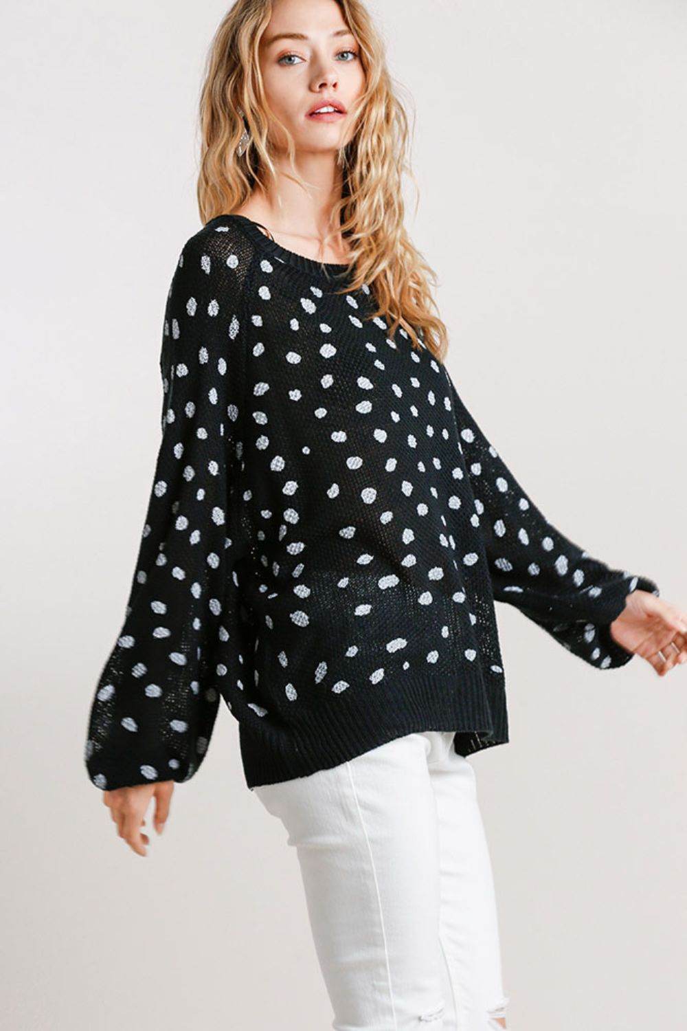 Umgee Full Size Dalmatian Hand Stamped Round Neck Sweater Plus Size - Hovatok
