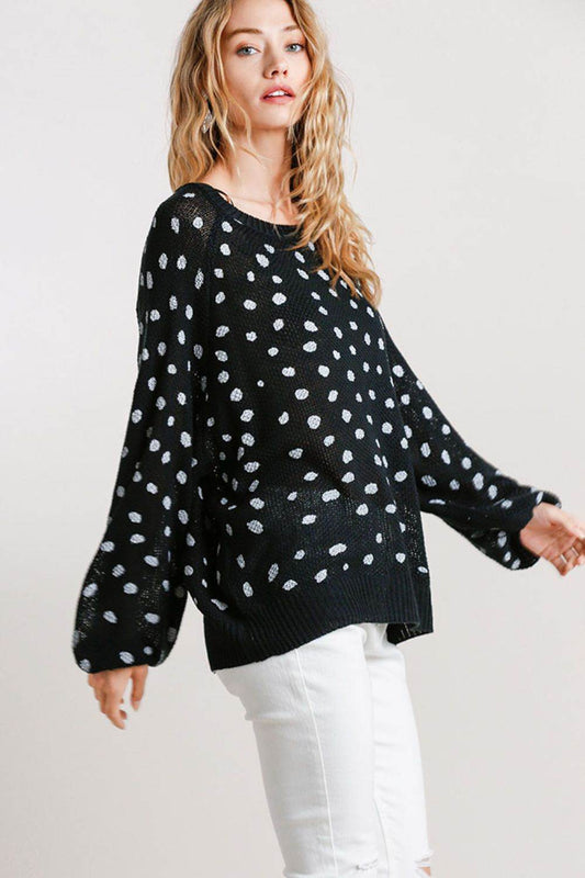 Umgee Full Size Dalmatian Hand Stamped Round Neck Sweater Plus Size - Hovatok