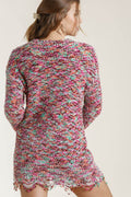 Umgee Full Size Distressed Hem Multicolored Round Neck Knit Tunic Dress Plus Size - Hovatok