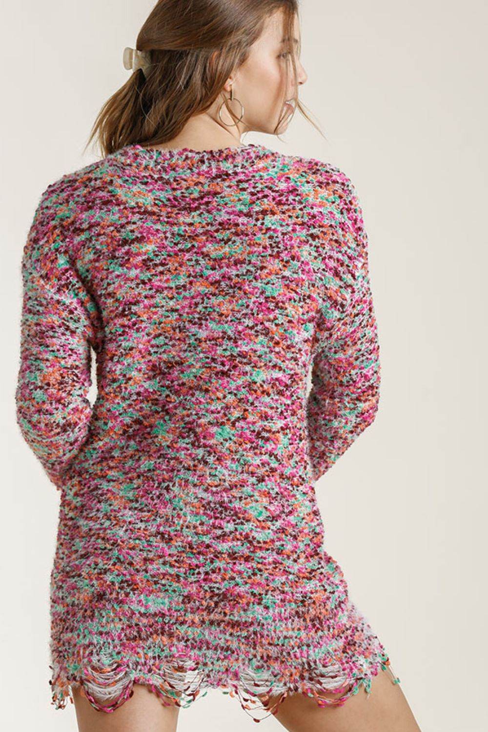 Umgee Full Size Distressed Hem Multicolored Round Neck Knit Tunic Dress Plus Size - Hovatok