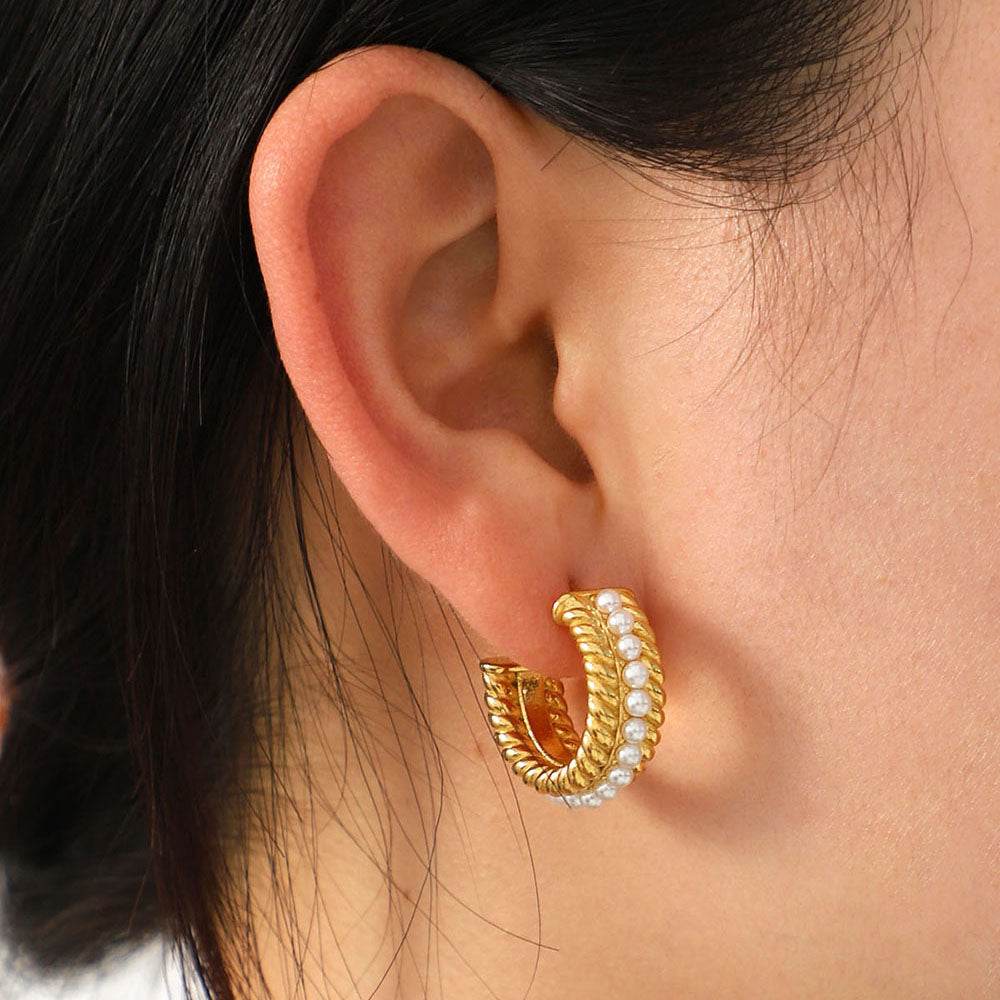 Stainless Steel Pearl C-Hoop Earrings - Hovatok