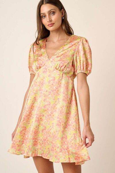 Mittoshop Printed V-Neck Puff Sleeve Mini Dress - Hovatok