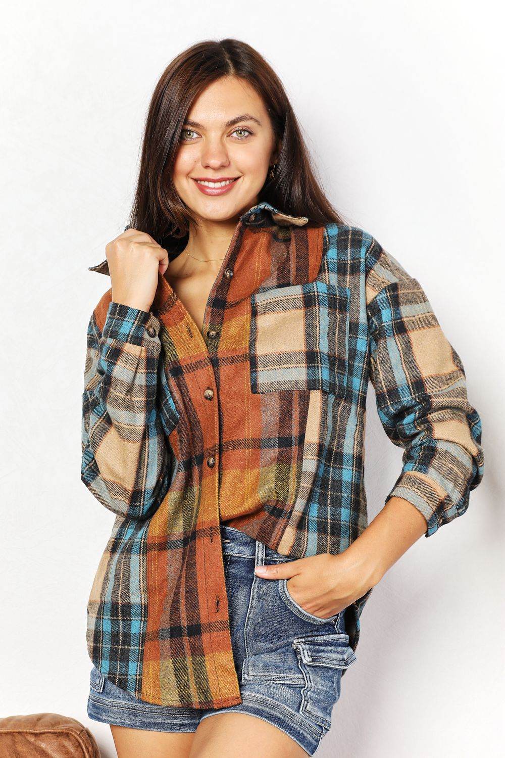 Double Take Plaid Curved Hem Shirt Jacket with Breast Pockets - Hovatok
