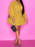 Notched Button Up Balloon Sleeves Dress - Hovatok