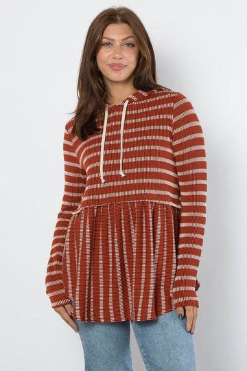 Be Stage Full Size Drawstring Striped Babydoll Hoodie - Hovatok