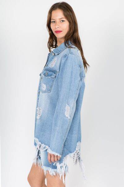 American Bazi Distressed Frayed Hem Denim Jacket - Hovatok