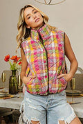 BiBi Quilted Washed Plaid Snap Down Vest - Hovatok