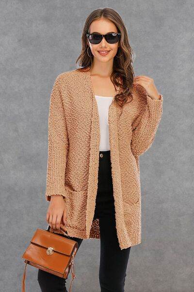Angel Wings Pocketed Open Front Long Sleeve Cardigan - Hovatok