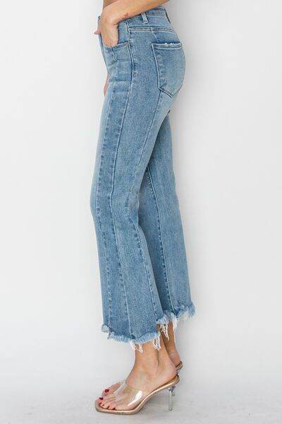 RISEN Full Size High Rise Frayed Hem Flare Jeans - Hovatok