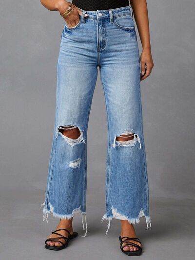 Distressed Raw Hem Jeans with Pockets - Hovatok
