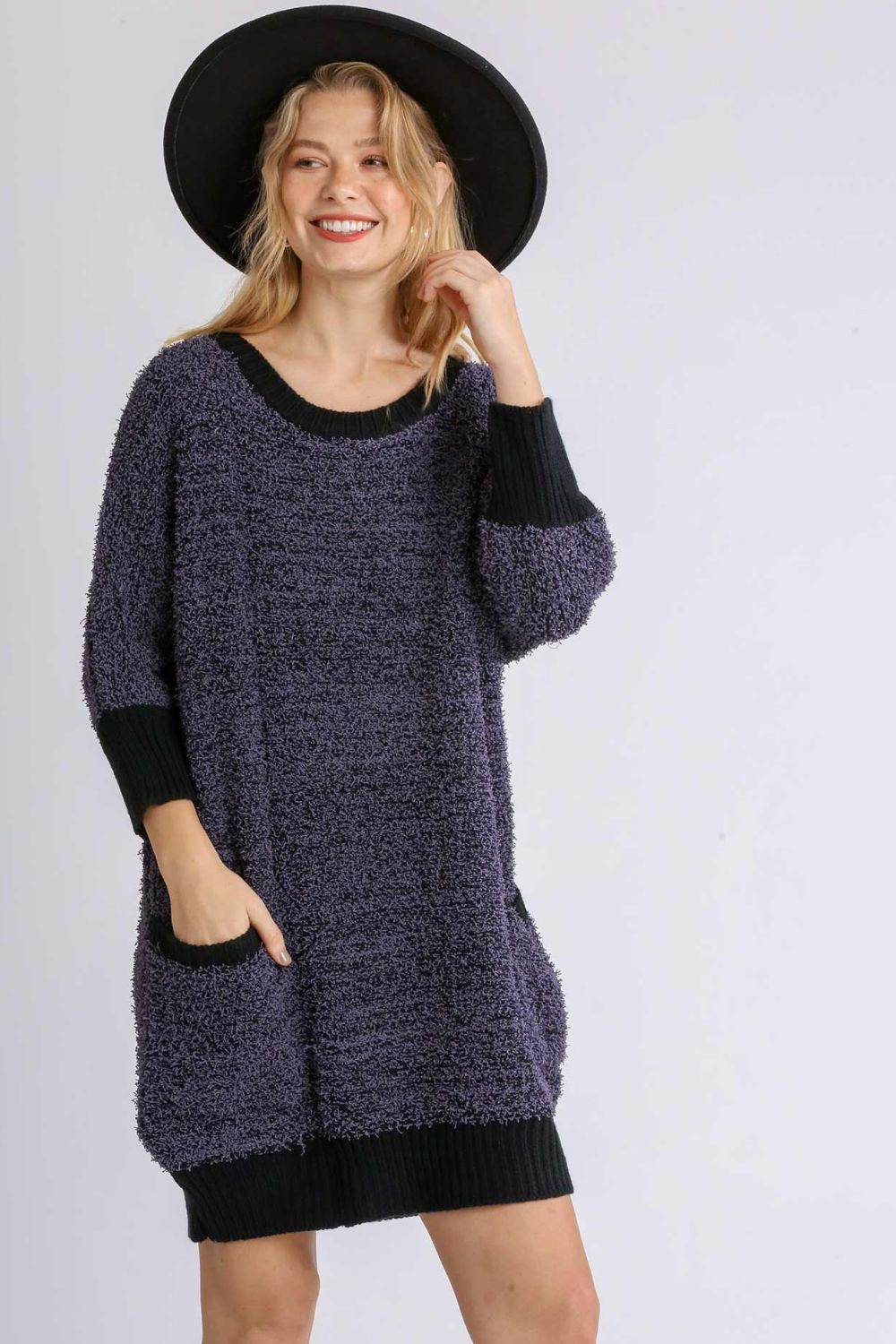 Umgee Full Size Ribbed Hem Round Neck 3/4 Sleeve Sweater Dress with Pockets Plus Size - Hovatok