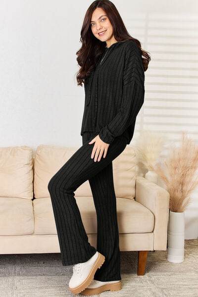 Basic Bae Full Size Ribbed Drawstring Hooded Top and Straight Pants Set - Hovatok