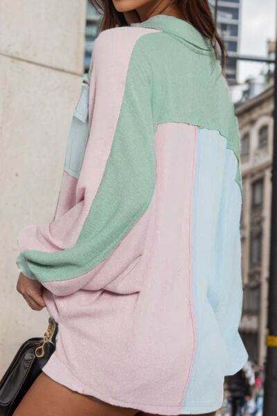 Contrast Pocketed Button Up Long Sleeve Shacket - Hovatok