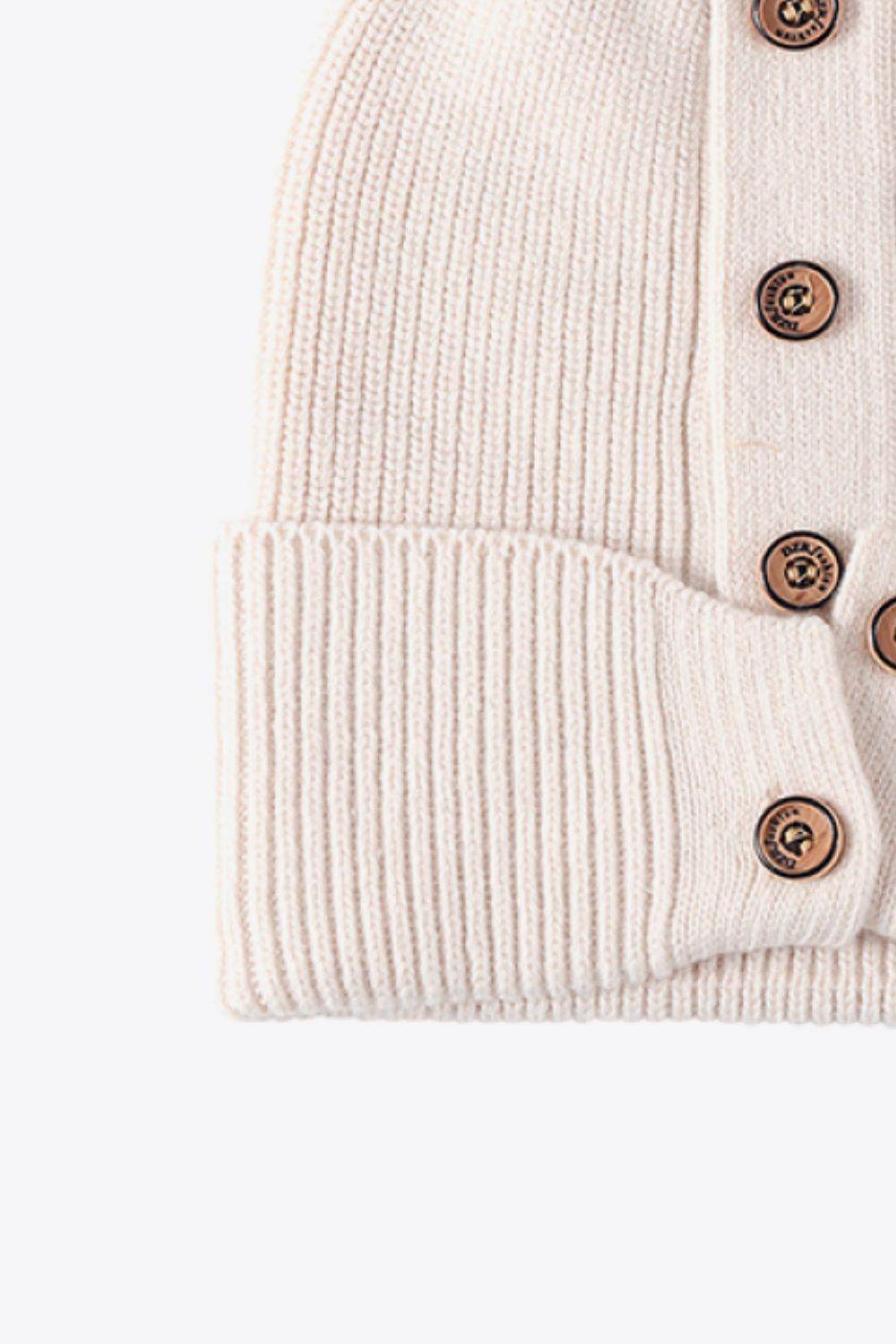 Button Detail Rib-Knit Cuff Beanie - Hovatok