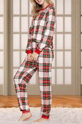 Plaid Round Neck Top and Pants Set - Hovatok