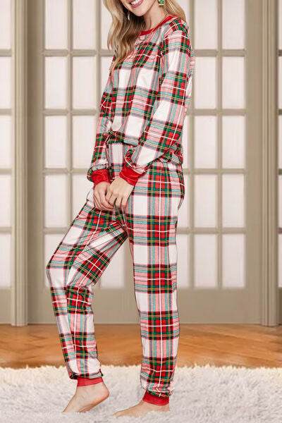 Plaid Round Neck Top and Pants Set - Hovatok