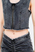 American Bazi Zip Up Washed Crop Denim Vest - Hovatok
