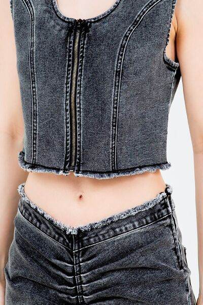 American Bazi Zip Up Washed Crop Denim Vest - Hovatok