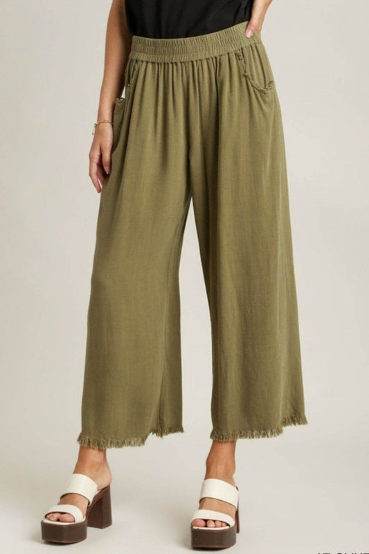 Umgee Full Size Linen Blend Elastic Waistband Wide Leg Pants Plus Size - Hovatok