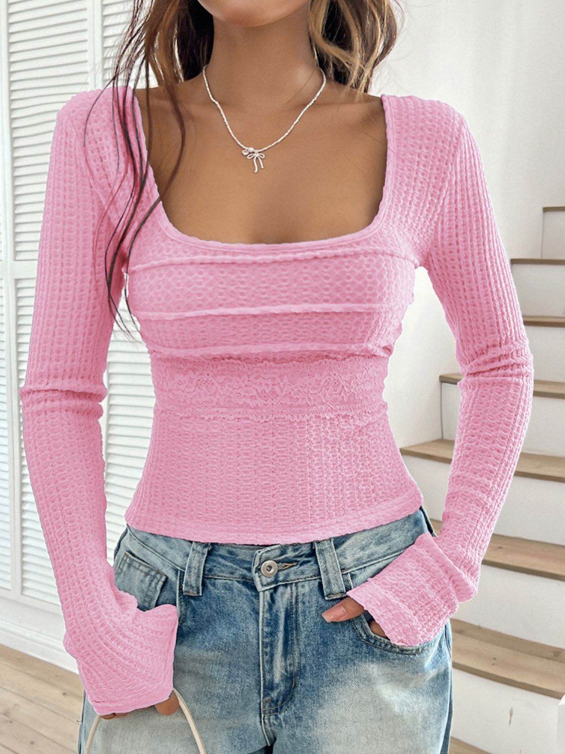 Devine Back Tie Square Neck Long Sleeve Top - Hovatok
