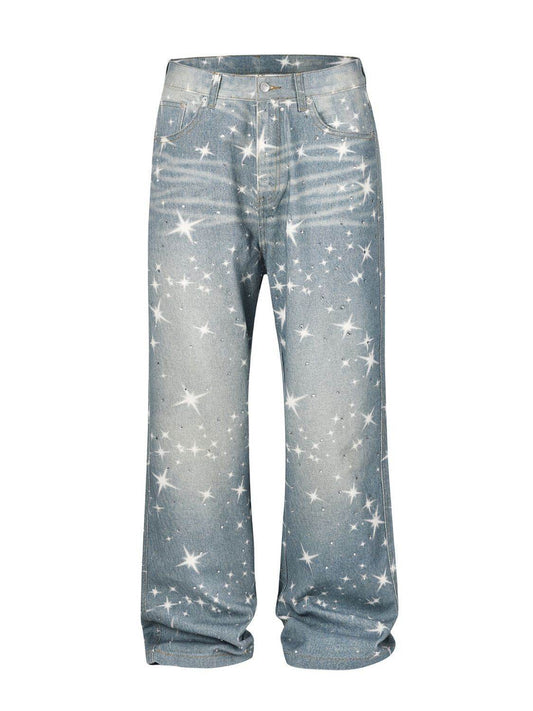 Washed Rhinestone Star Print Jeans - Hovatok
