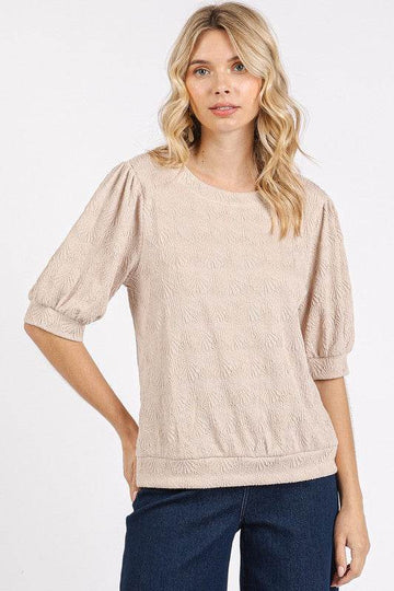 Mittoshop Fan Shell Texture Short Puff Sleeve Knit Top - Hovatok