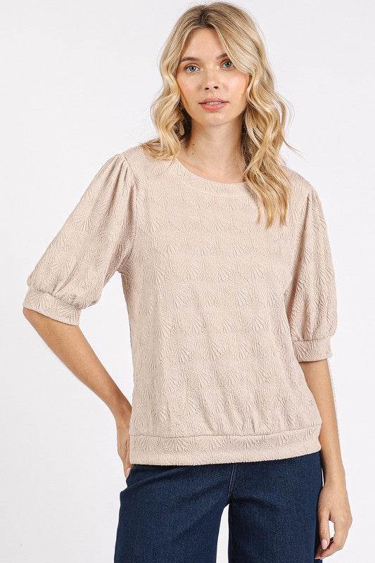 Mittoshop Fan Shell Texture Short Puff Sleeve Knit Top - Hovatok