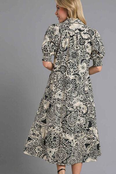 Umgee Full Size Printed Smocked Cuff Puff Sleeve Midi Dress Plus Size - Hovatok