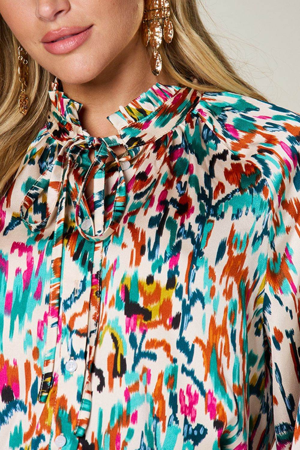 Double Take Full Size Printed Button Up Long Sleeve Shirt - Hovatok