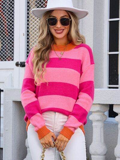 Angel Wings Contrast Striped Round Neck Sweater - Hovatok
