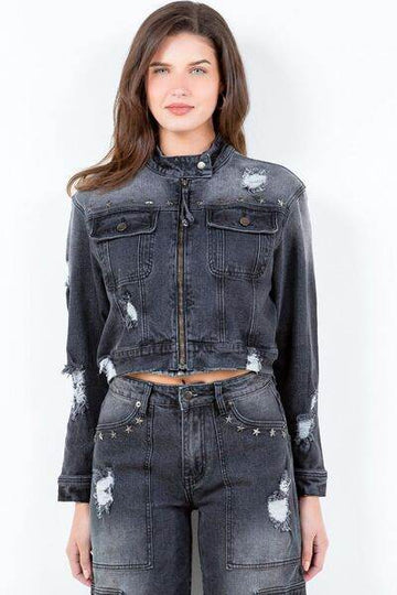 American Bazi Full Size Distressed Star Stud Trim Denim Rider Jacket Plus Size - Hovatok