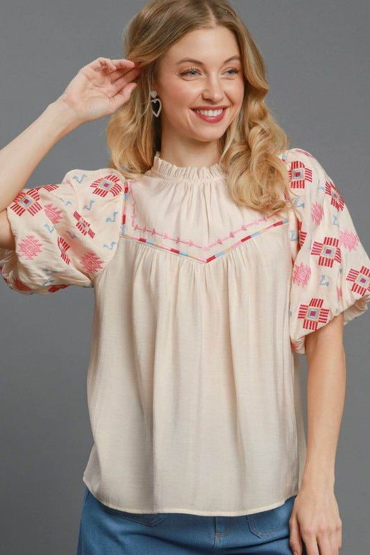 Umgee Full Size Embroidered Puff Sleeve Mock Neck Top Plus Size - Hovatok