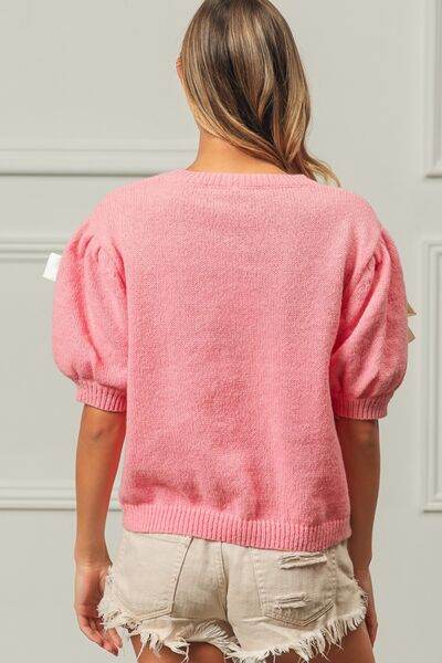 BiBi Ribbon Bow Detail Puff Sleeve Sweater - Hovatok